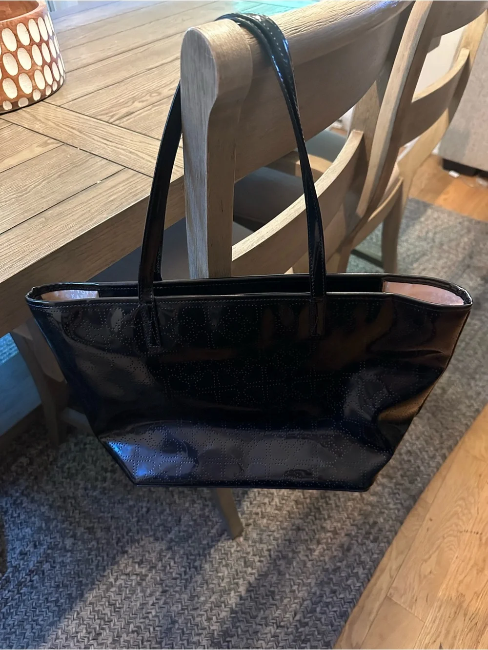 kate spade Black Patent Shoulder Tote with Perforated Pattern